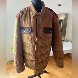 Eddie Bauer Brown Quilted Jacket with Red Plaid, Herringbone and Leather Details